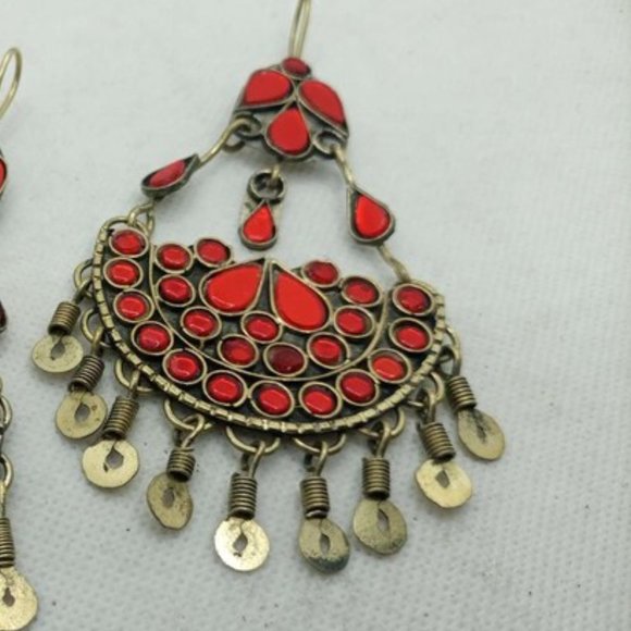 Glass Stones Kuchi Earrings With Dangling Tassels, Tribal Dangle Earrings - Picture 3 of 4